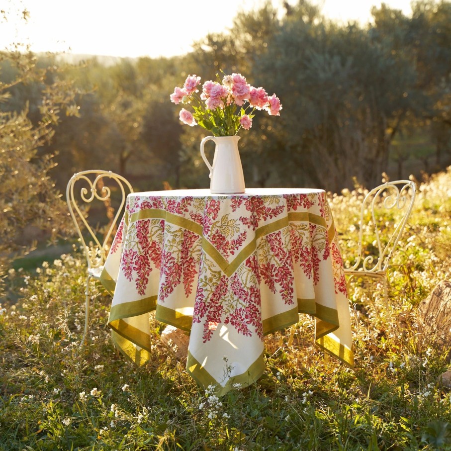 French Tablecloths * | French Tablecloth Wisteria Green & Pink