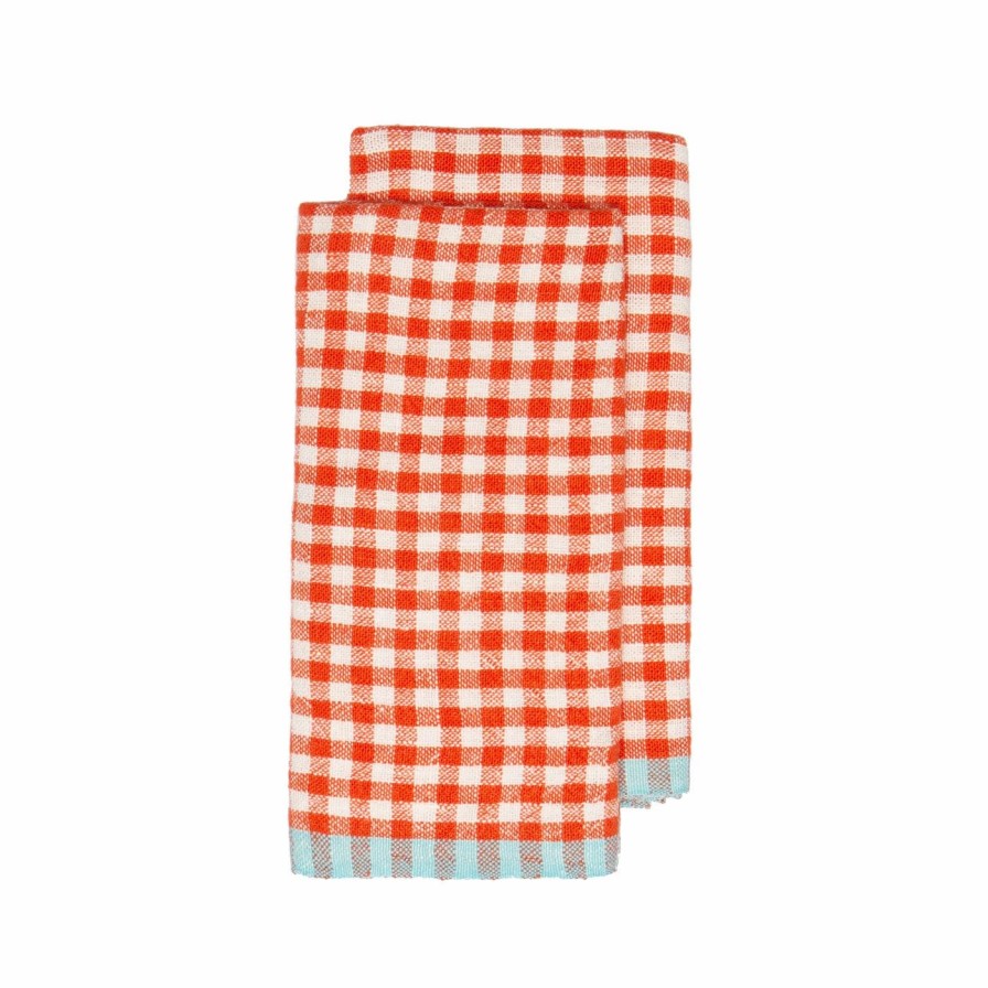 Towels * | Two-Tone Gingham Kitchen Towels Orange & Aqua, Set Of 2