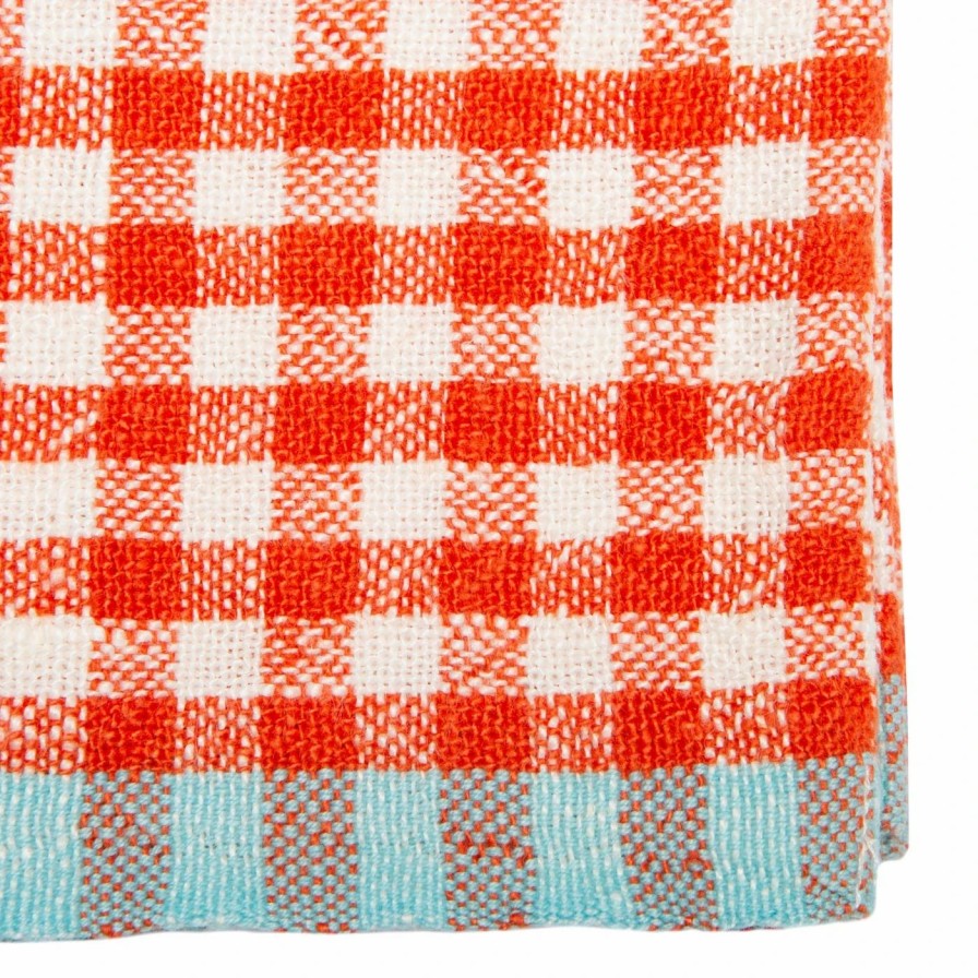 Towels * | Two-Tone Gingham Kitchen Towels Orange & Aqua, Set Of 2