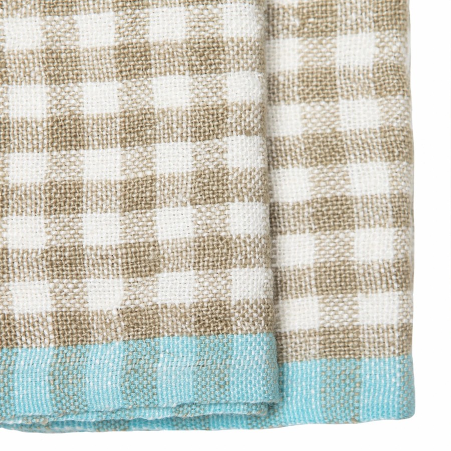 Towels * | Two-Tone Gingham Kitchen Towel Natural & Aqua