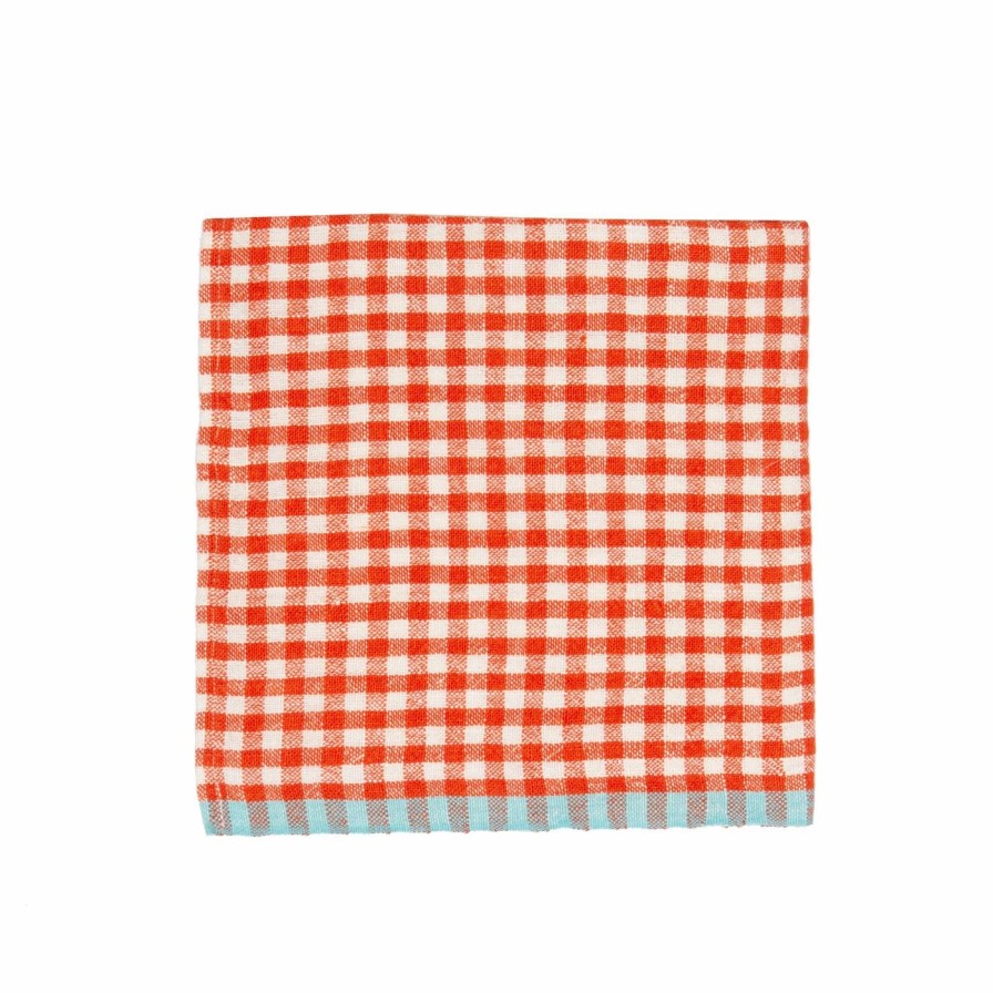 Napkins * | Two-Tone Gingham Napkins Orange & Aqua, Set Of 4