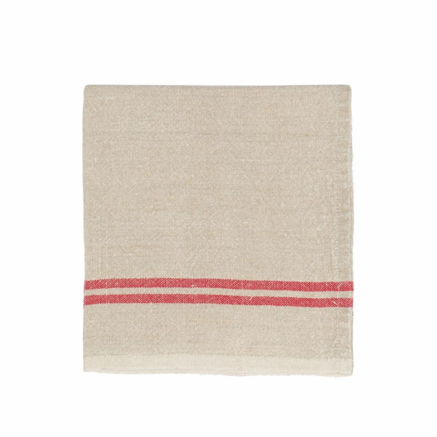 Napkins * | Vintage Linen Napkins Natural & Red, Set Of 4