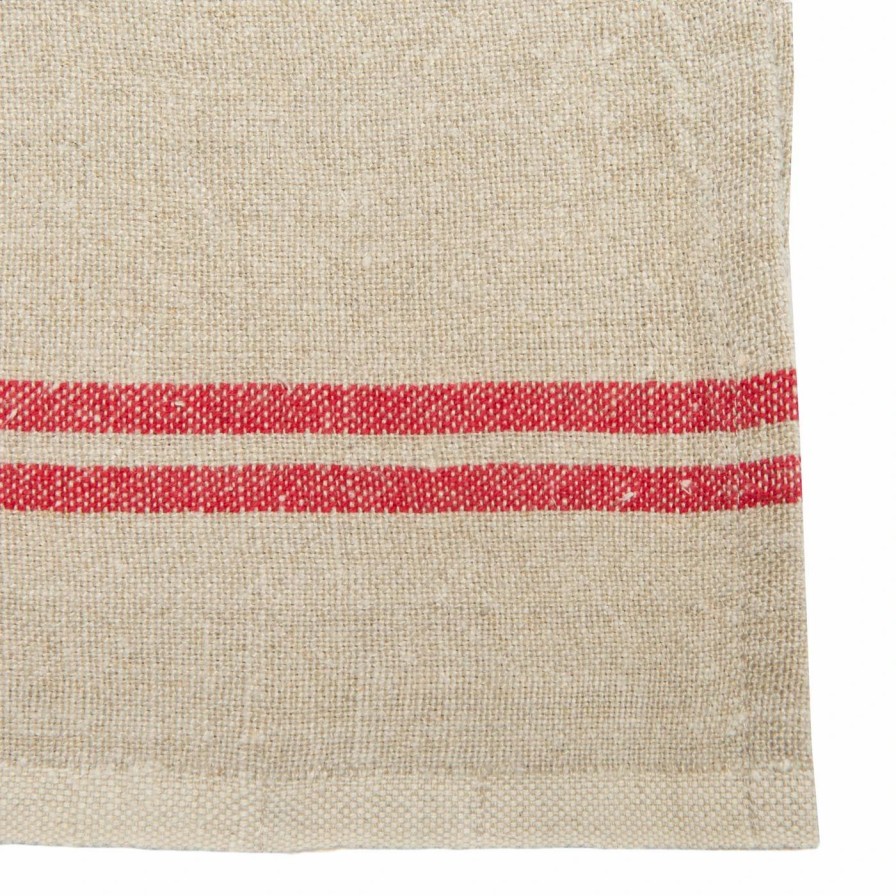 Napkins * | Vintage Linen Napkins Natural & Red, Set Of 4