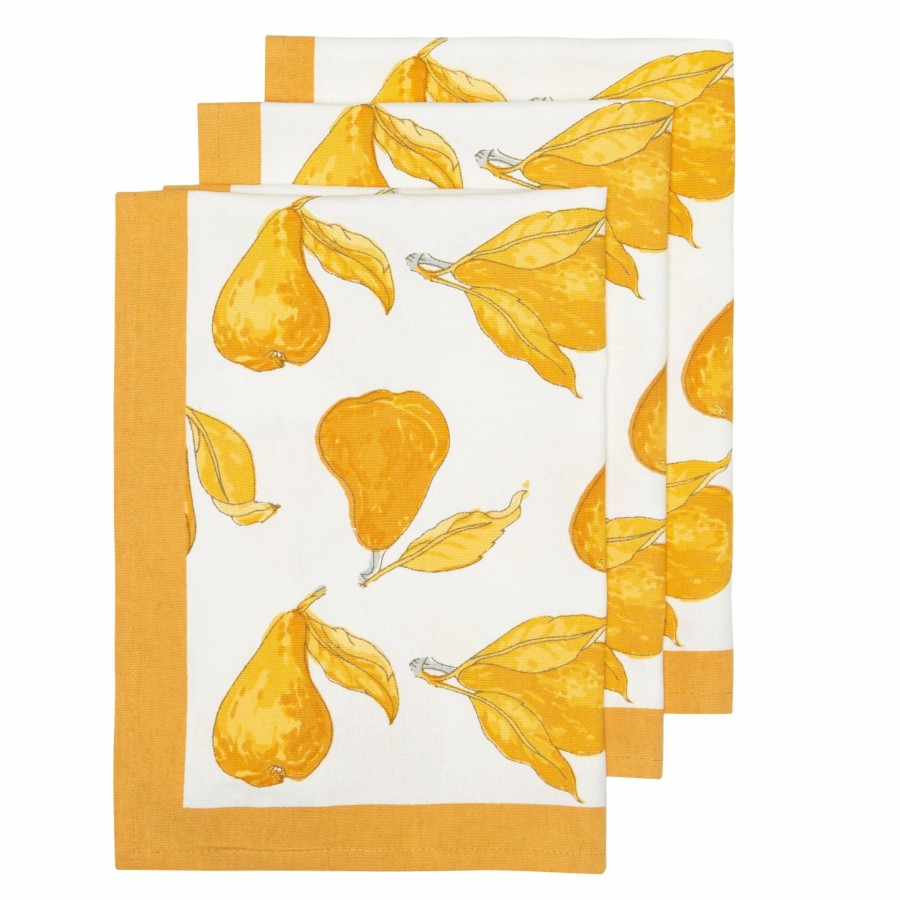 Towels * | Orchard Pear Tea Towels Mustard & Grey, Set Of 3