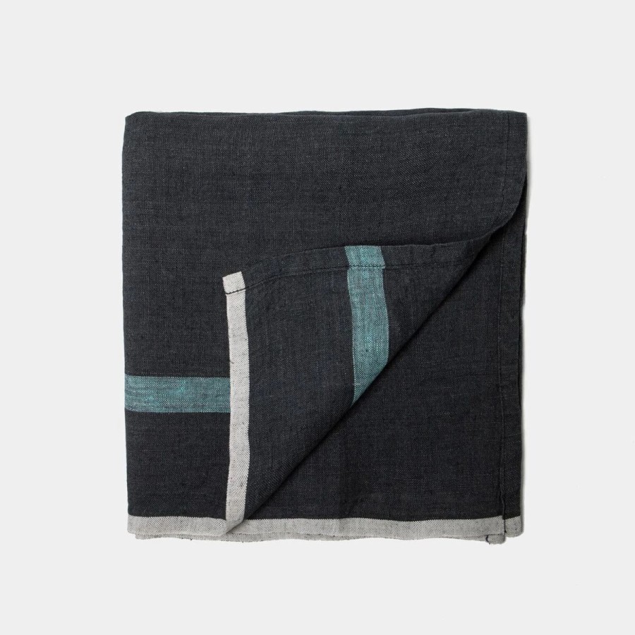 Napkins * | Laundered Linen Napkins Charcoal & Aqua, Set Of 4