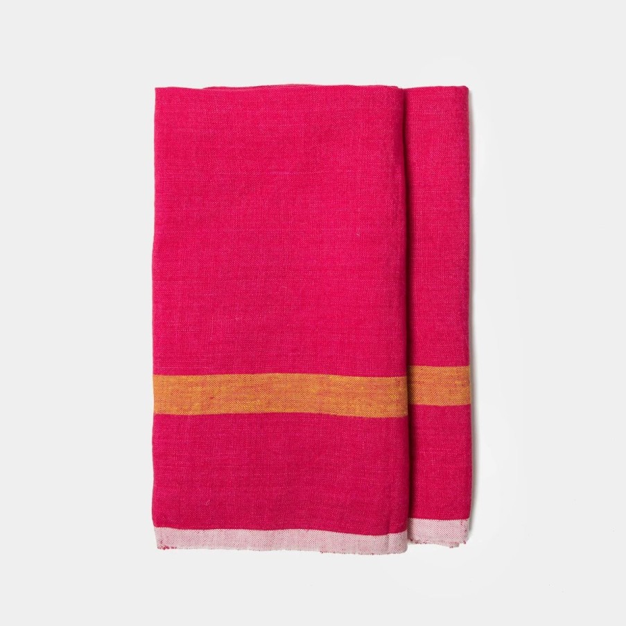 Towels * | Laundered Linen Kitchen Towels Pink & Lime, Set Of 2