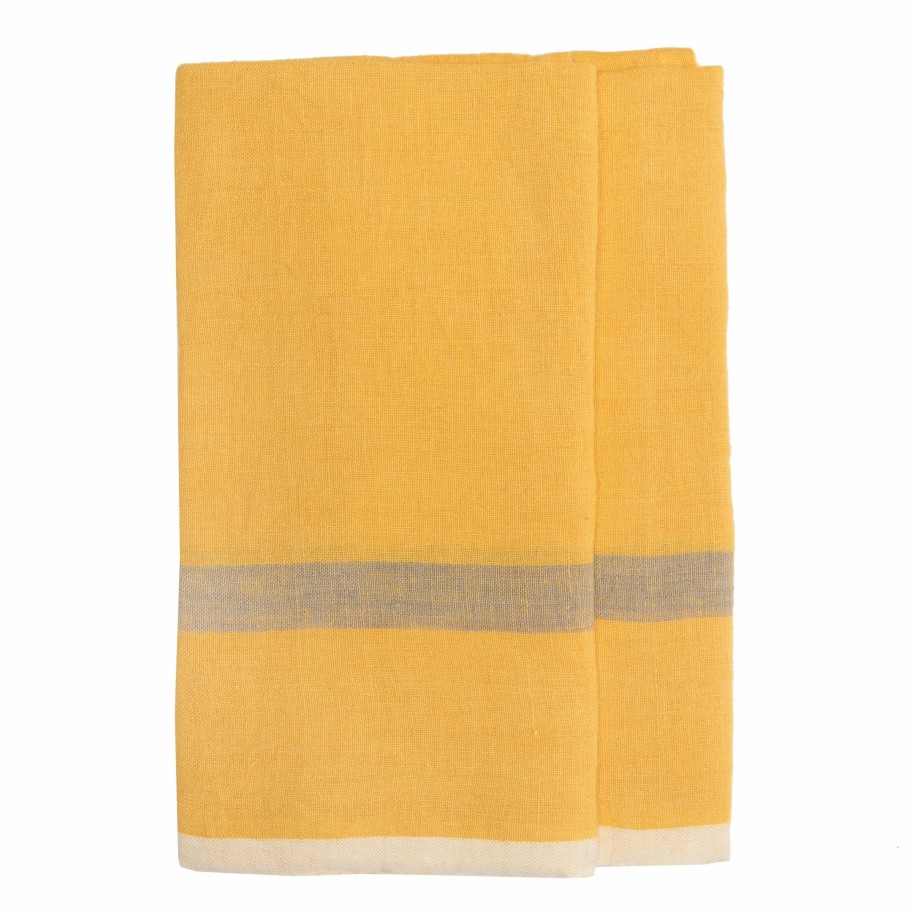 Towels * | Laundered Linen Kitchen Towels Mustard & Grey, Set Of 2