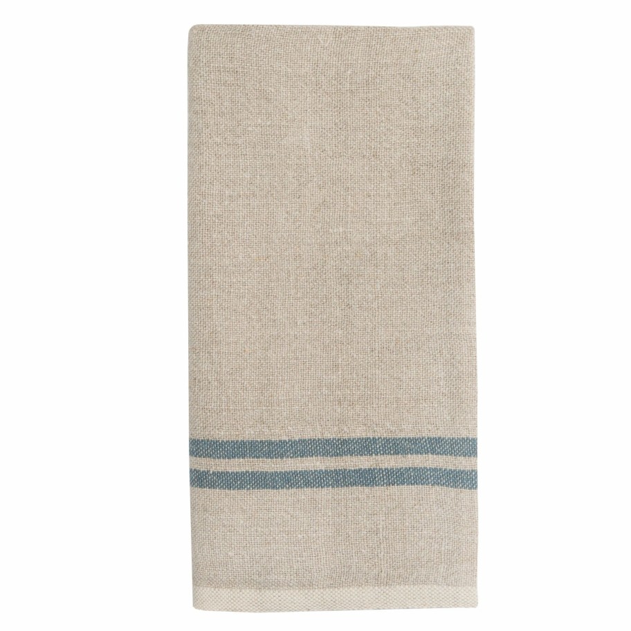 Towels * | Vintage Linen Kitchen Towels Natural & Blue, Set Of 2