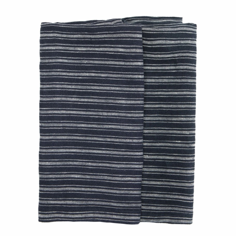 Towels * | Boat Stripe Linen Kitchen Towels Indigo & White, Set Of 2