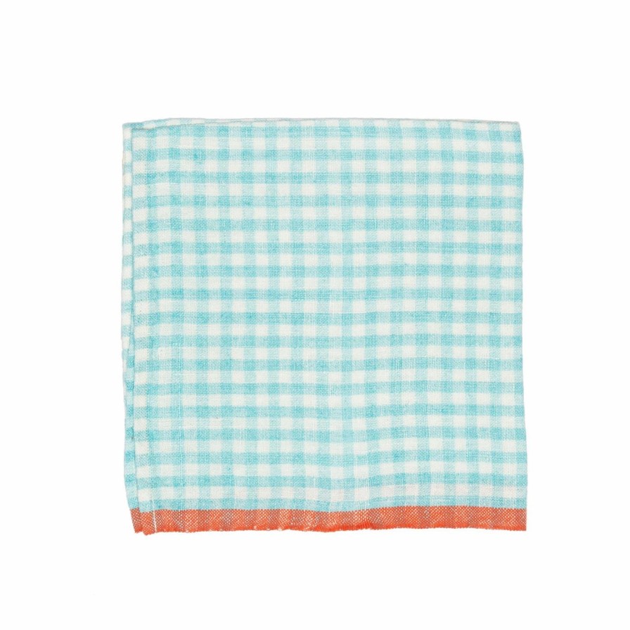 Napkins * | Two-Tone Gingham Napkins Aqua & Orange, Set Of 4