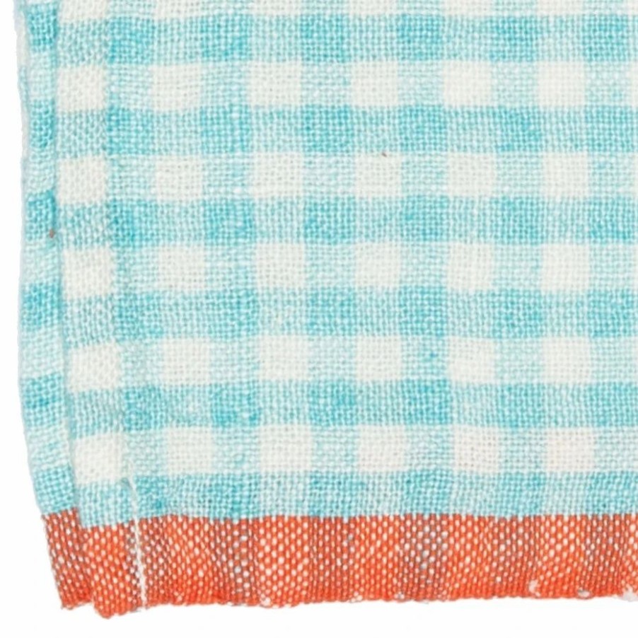 Napkins * | Two-Tone Gingham Napkins Aqua & Orange, Set Of 4