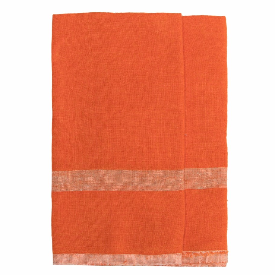 Towels * | Laundered Linen Kitchen Towels Orange & Natural, Set Of 2