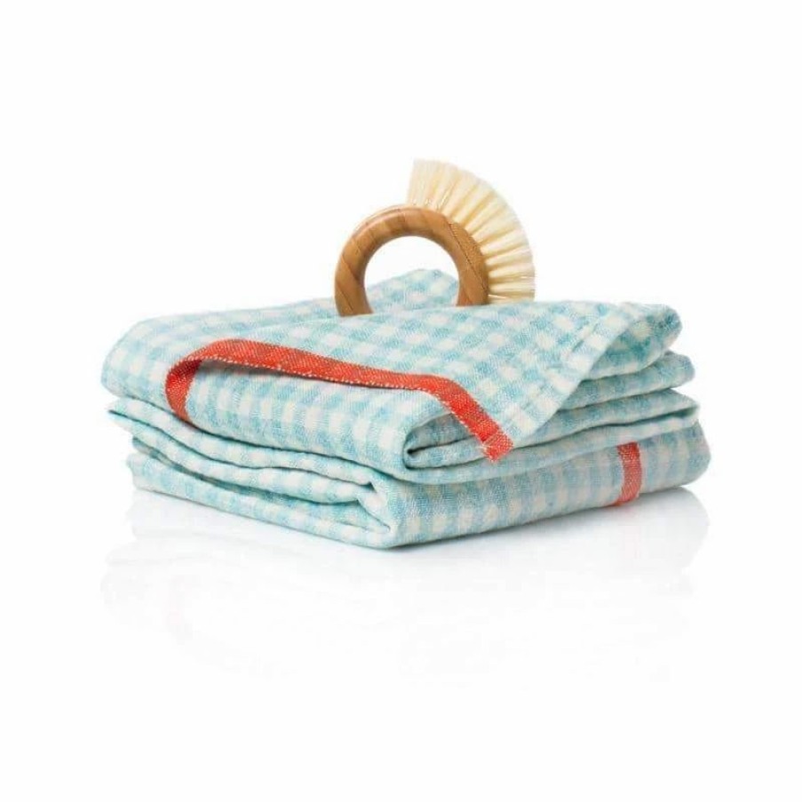 Towels * | Two-Tone Gingham Kitchen Towels Aqua & Orange, Set Of 2