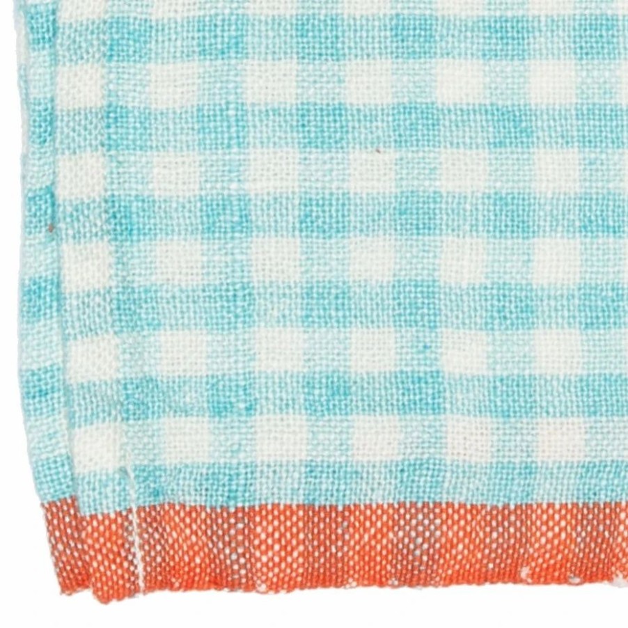 Towels * | Two-Tone Gingham Kitchen Towels Aqua & Orange, Set Of 2