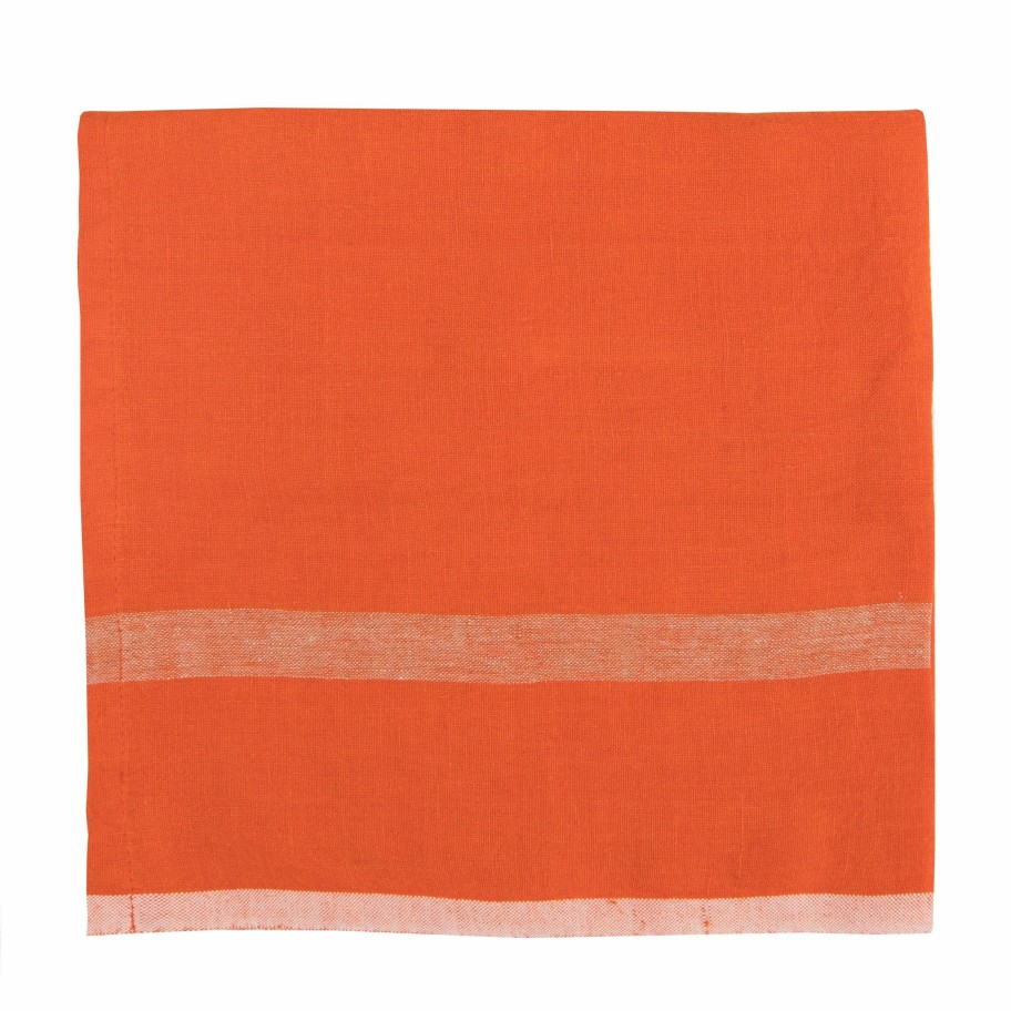 Napkins * | Laundered Linen Napkins Orange & Natural, Set Of 4