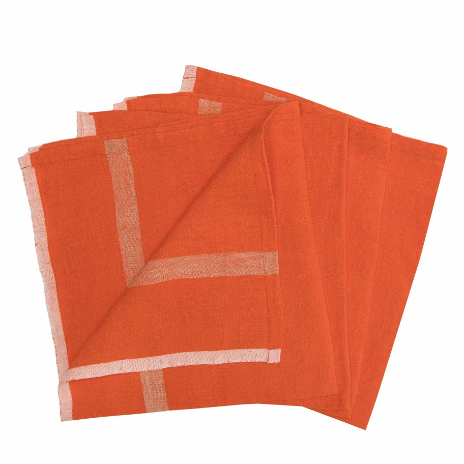 Napkins * | Laundered Linen Napkins Orange & Natural, Set Of 4