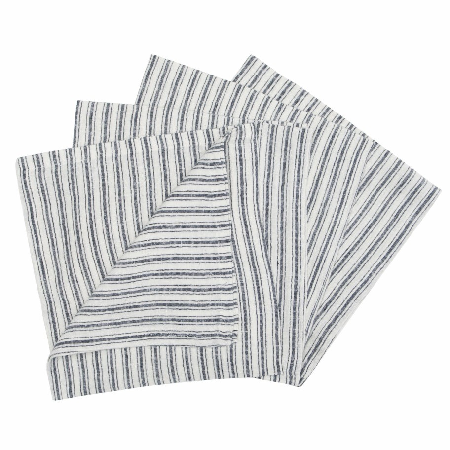 Napkins * | Boat Stripe Linen Napkins White & Blue, Set Of 4