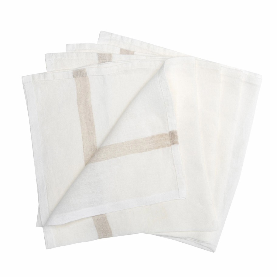 Napkins * | Laundered Linen Napkins White & Natural, Set Of 4