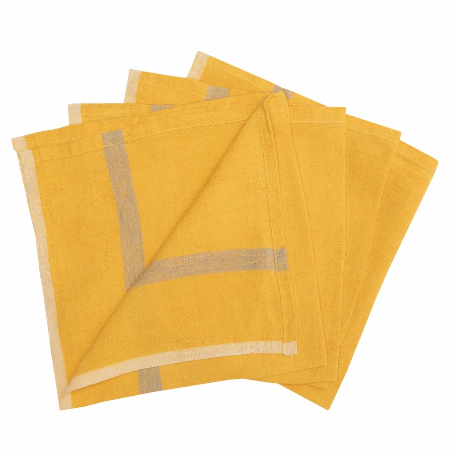 Napkins * | Laundered Linen Napkins Mustard & Grey, Set Of 4