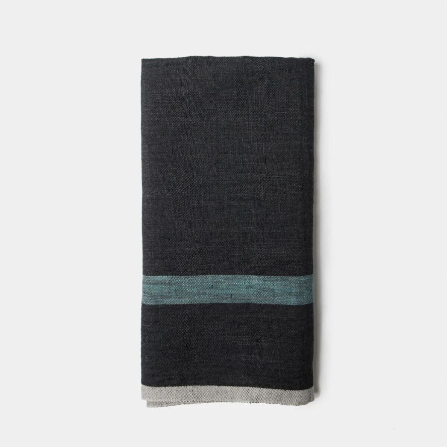 Towels * | Laundered Linen Kitchen Towels Charcoal & Aqua, Set Of 2