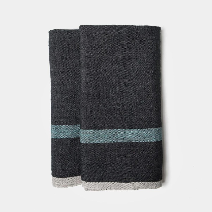 Towels * | Laundered Linen Kitchen Towels Charcoal & Aqua, Set Of 2